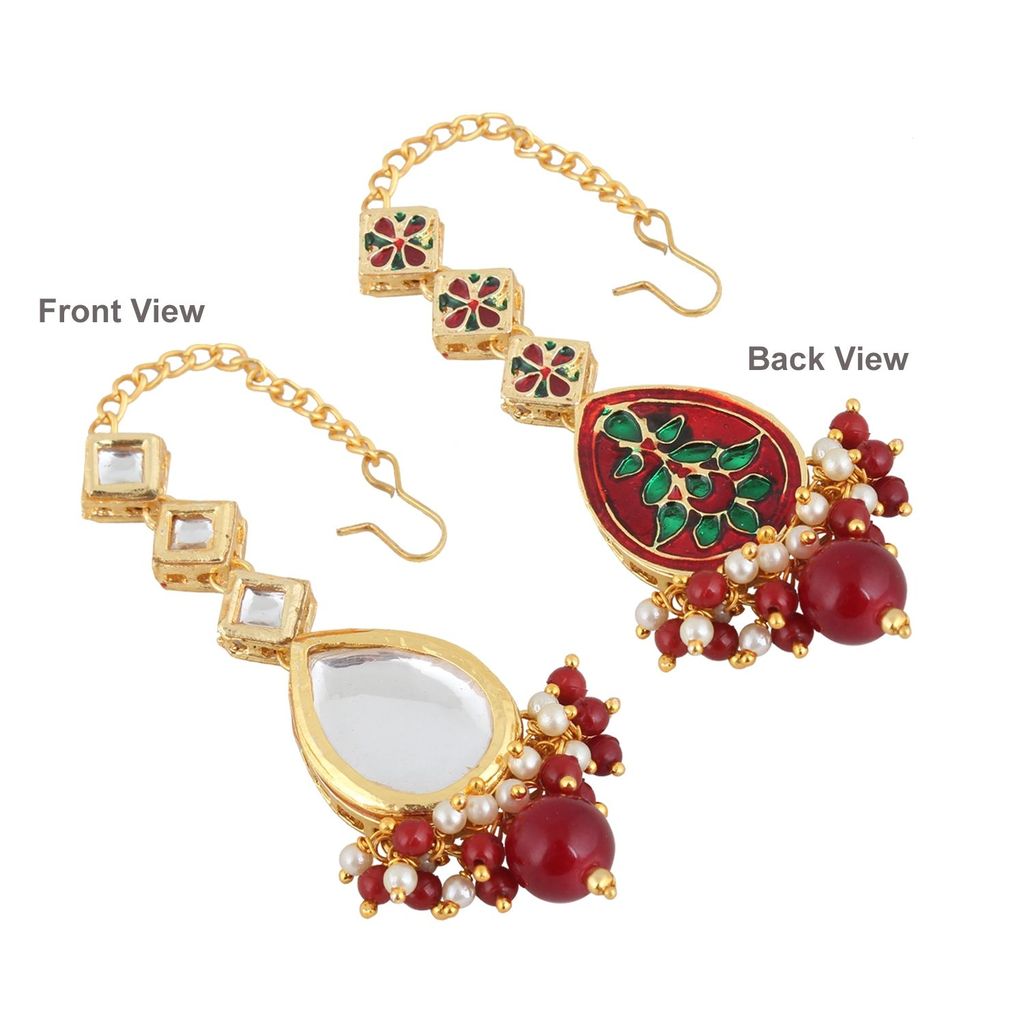 LUCKY JEWELLERY Back Meenakari 18k Gold Plated Maroon Color Tika Earring Combo Uncut Big Faux Kundan Choker Necklace set