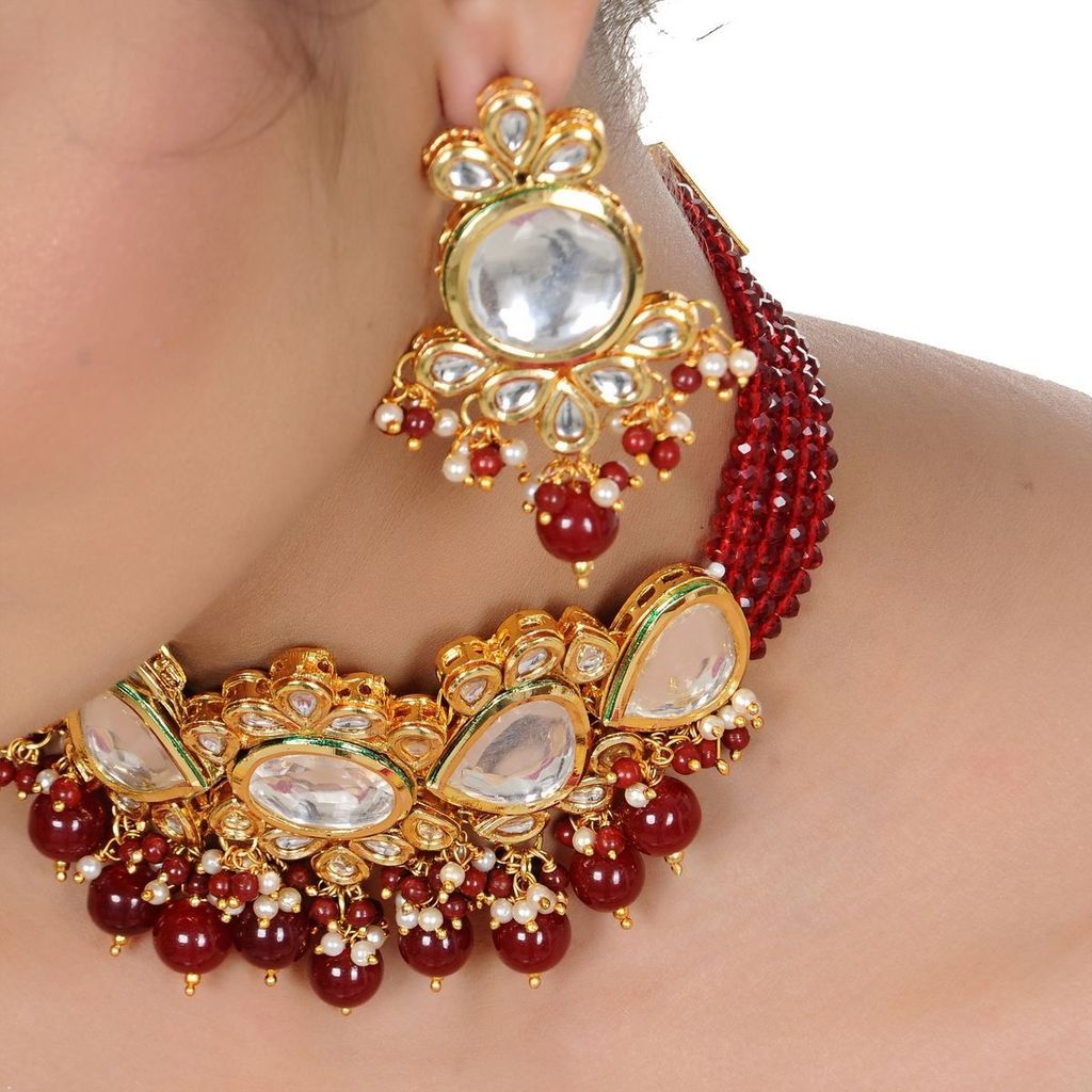 LUCKY JEWELLERY Back Meenakari 18k Gold Plated Maroon Color Tika Earring Combo Uncut Big Faux Kundan Choker Necklace set