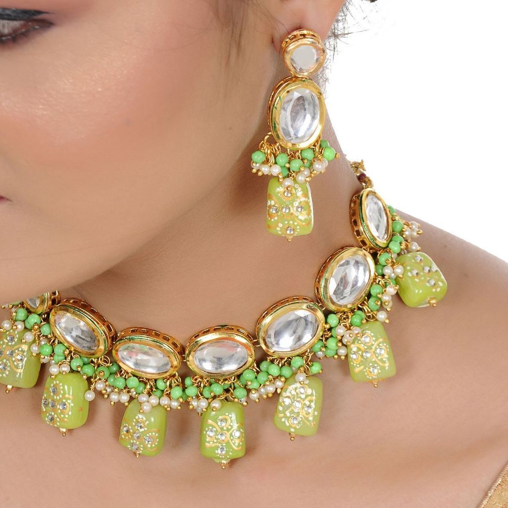 LUCKY JEWELLERY Back Meenakari 18k Gold Plated Green Color Tika Earring Combo Uncut Big Faux Kundan Choker Necklace set