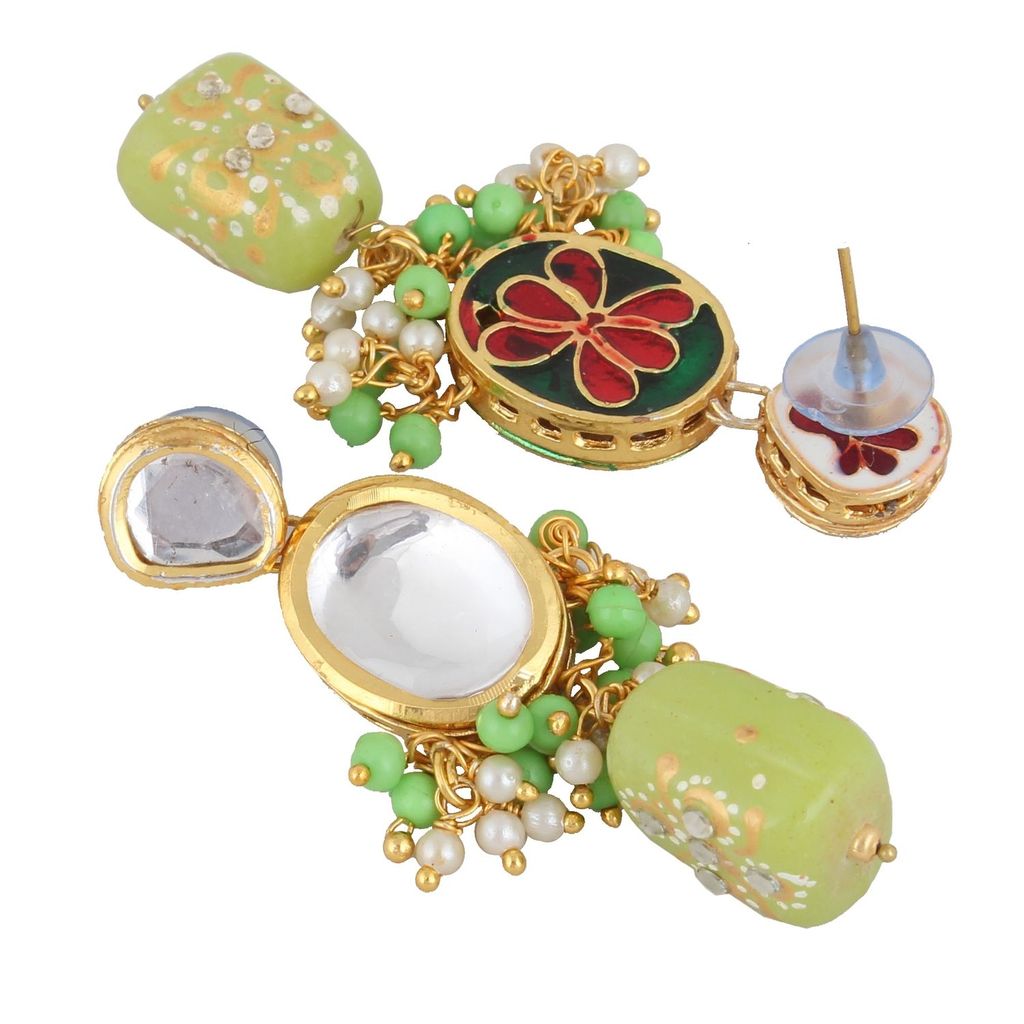 LUCKY JEWELLERY Back Meenakari 18k Gold Plated Green Color Tika Earring Combo Uncut Big Faux Kundan Choker Necklace set