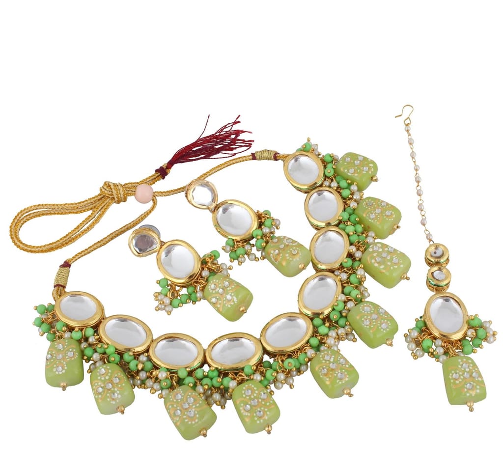 LUCKY JEWELLERY Back Meenakari 18k Gold Plated Green Color Tika Earring Combo Uncut Big Faux Kundan Choker Necklace set