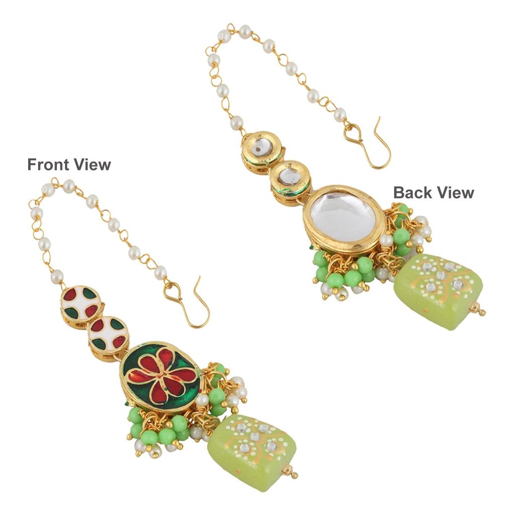 LUCKY JEWELLERY Back Meenakari 18k Gold Plated Green Color Tika Earring Combo Uncut Big Faux Kundan Choker Necklace set
