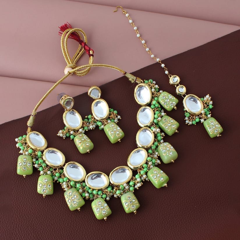 LUCKY JEWELLERY Back Meenakari 18k Gold Plated Green Color Tika Earring Combo Uncut Big Faux Kundan Choker Necklace set