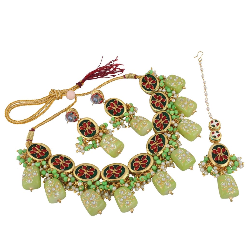 LUCKY JEWELLERY Back Meenakari 18k Gold Plated Green Color Tika Earring Combo Uncut Big Faux Kundan Choker Necklace set