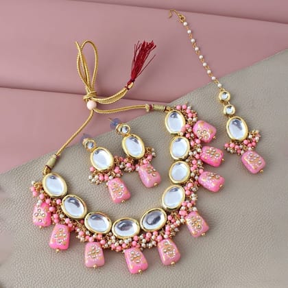 LUCKY JEWELLERY Back Meenakari 18k Gold Plated Pink Color  Tika Earring Combo Uncut Big Faux Kundan Choker Necklace set