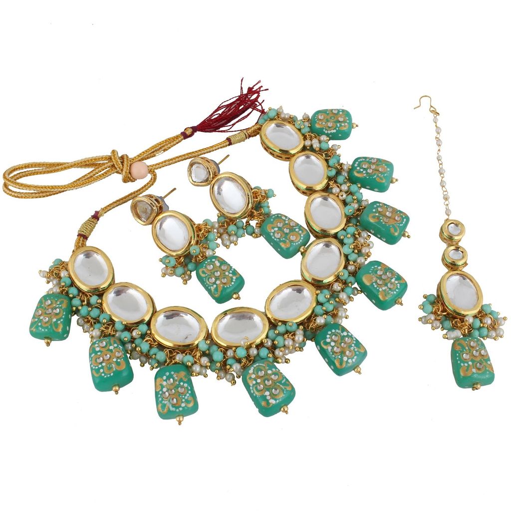 LUCKY JEWELLERY Back Meenakari 18k Gold Plated Mint Color Tika Earring Combo Uncut Big Faux Kundan Choker Necklace set