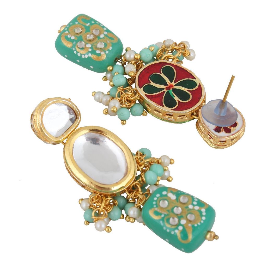 LUCKY JEWELLERY Back Meenakari 18k Gold Plated Mint Color Tika Earring Combo Uncut Big Faux Kundan Choker Necklace set