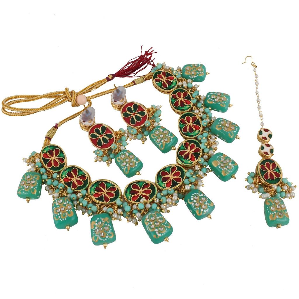 LUCKY JEWELLERY Back Meenakari 18k Gold Plated Mint Color Tika Earring Combo Uncut Big Faux Kundan Choker Necklace set