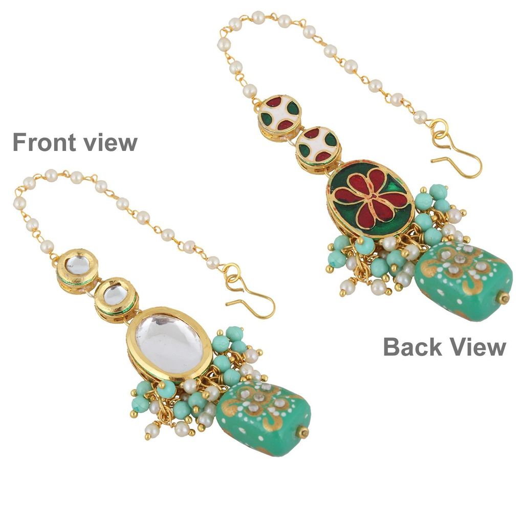 LUCKY JEWELLERY Back Meenakari 18k Gold Plated Mint Color Tika Earring Combo Uncut Big Faux Kundan Choker Necklace set