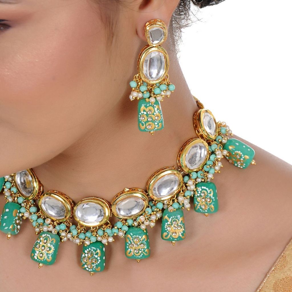 LUCKY JEWELLERY Back Meenakari 18k Gold Plated Mint Color Tika Earring Combo Uncut Big Faux Kundan Choker Necklace set