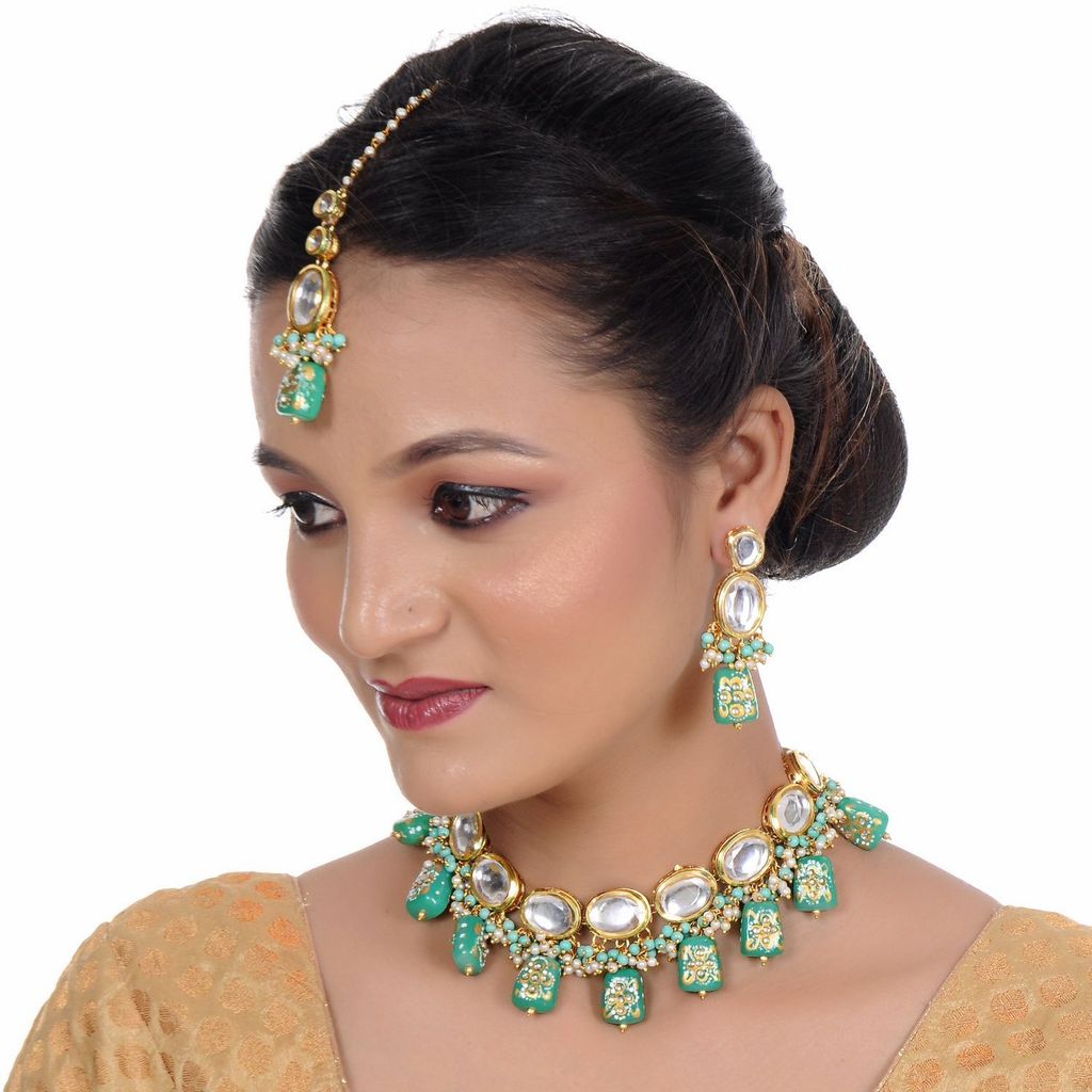LUCKY JEWELLERY Back Meenakari 18k Gold Plated Mint Color Tika Earring Combo Uncut Big Faux Kundan Choker Necklace set