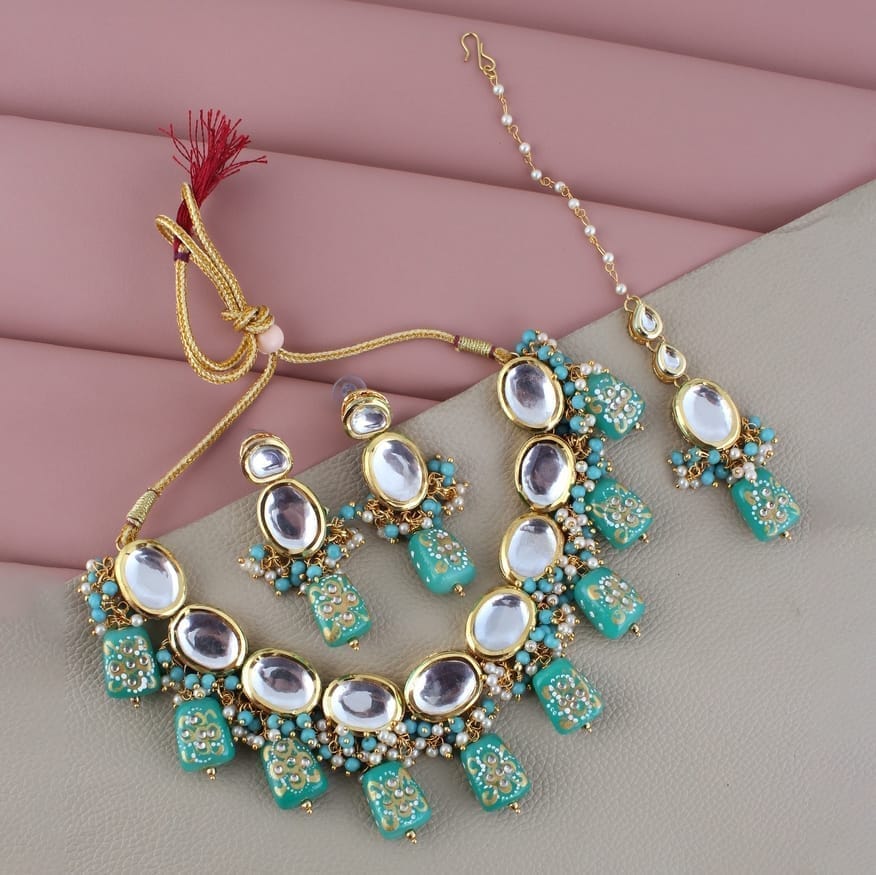 LUCKY JEWELLERY Back Meenakari 18k Gold Plated Mint Color Tika Earring Combo Uncut Big Faux Kundan Choker Necklace set