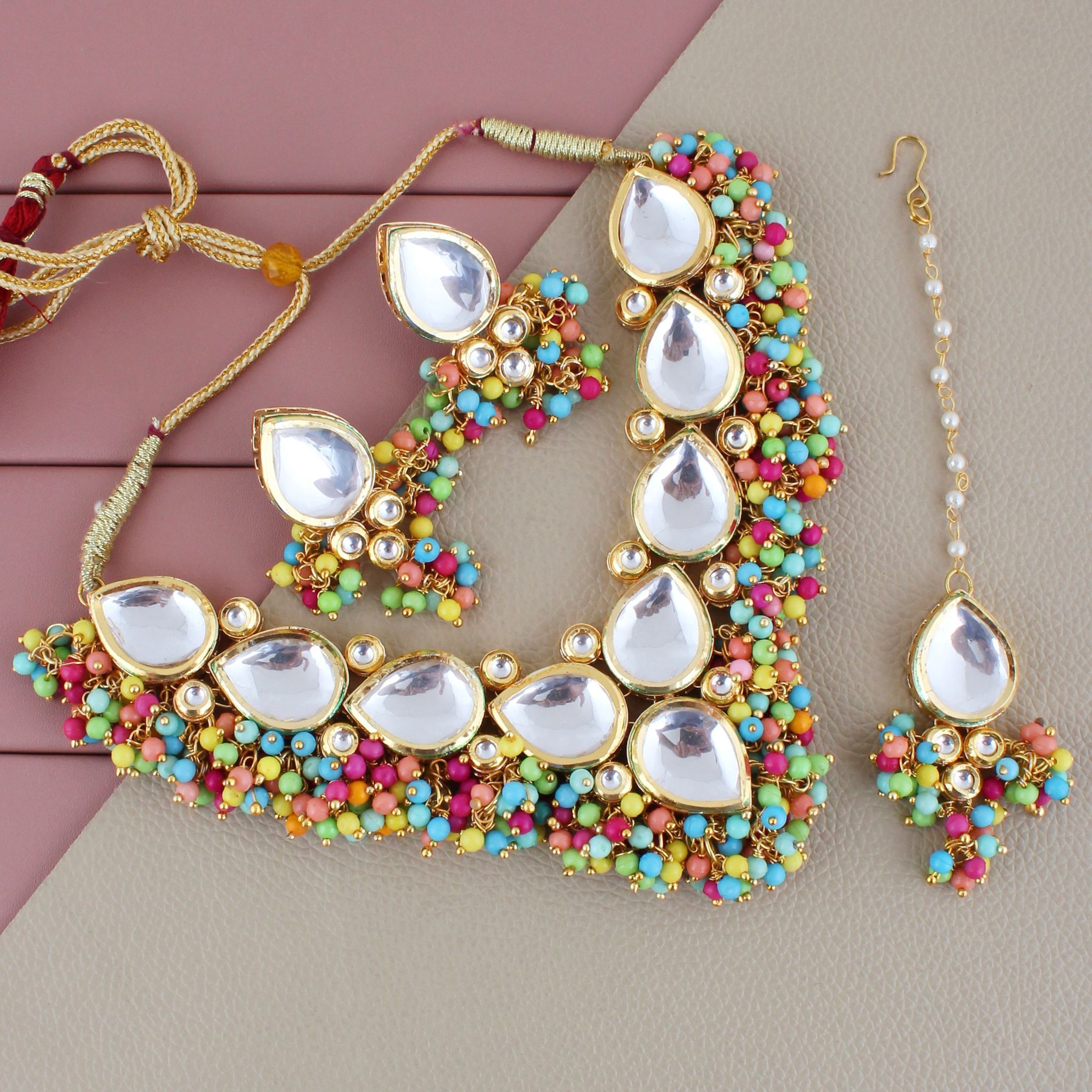 LUCKY JEWELLERY Back Meenakari 18k Gold Plated Multi Color Tika Earring Combo Uncut Big Faux Kundan Choker Necklace set (1122-J5SK-1698-MT)