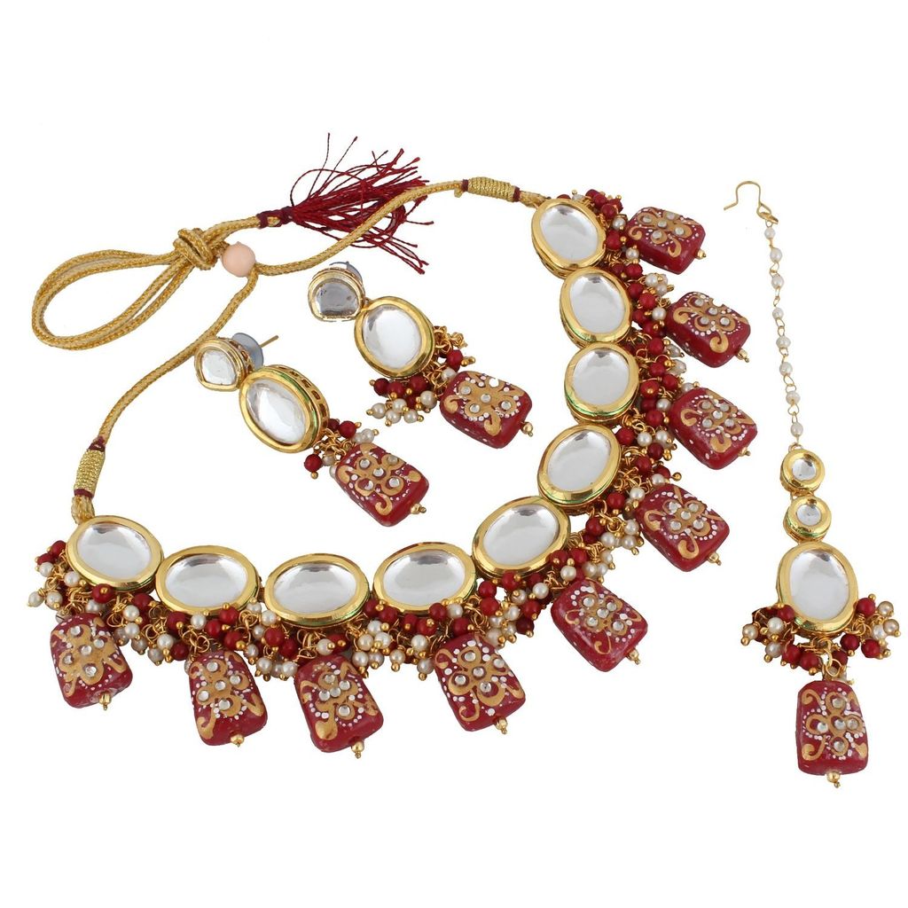 LUCKY JEWELLERY Back Meenakari 18k Gold Plated Maroon Color Tika Earring Combo Uncut Big Faux Kundan Choker Necklace set
