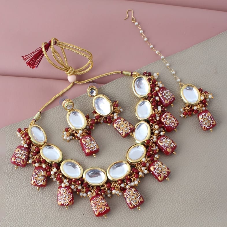 LUCKY JEWELLERY Back Meenakari 18k Gold Plated Maroon Color Tika Earring Combo Uncut Big Faux Kundan Choker Necklace set