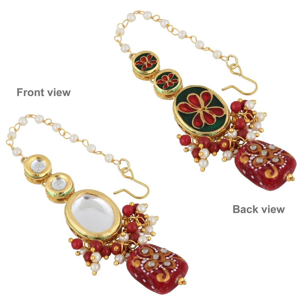 LUCKY JEWELLERY Back Meenakari 18k Gold Plated Maroon Color Tika Earring Combo Uncut Big Faux Kundan Choker Necklace set