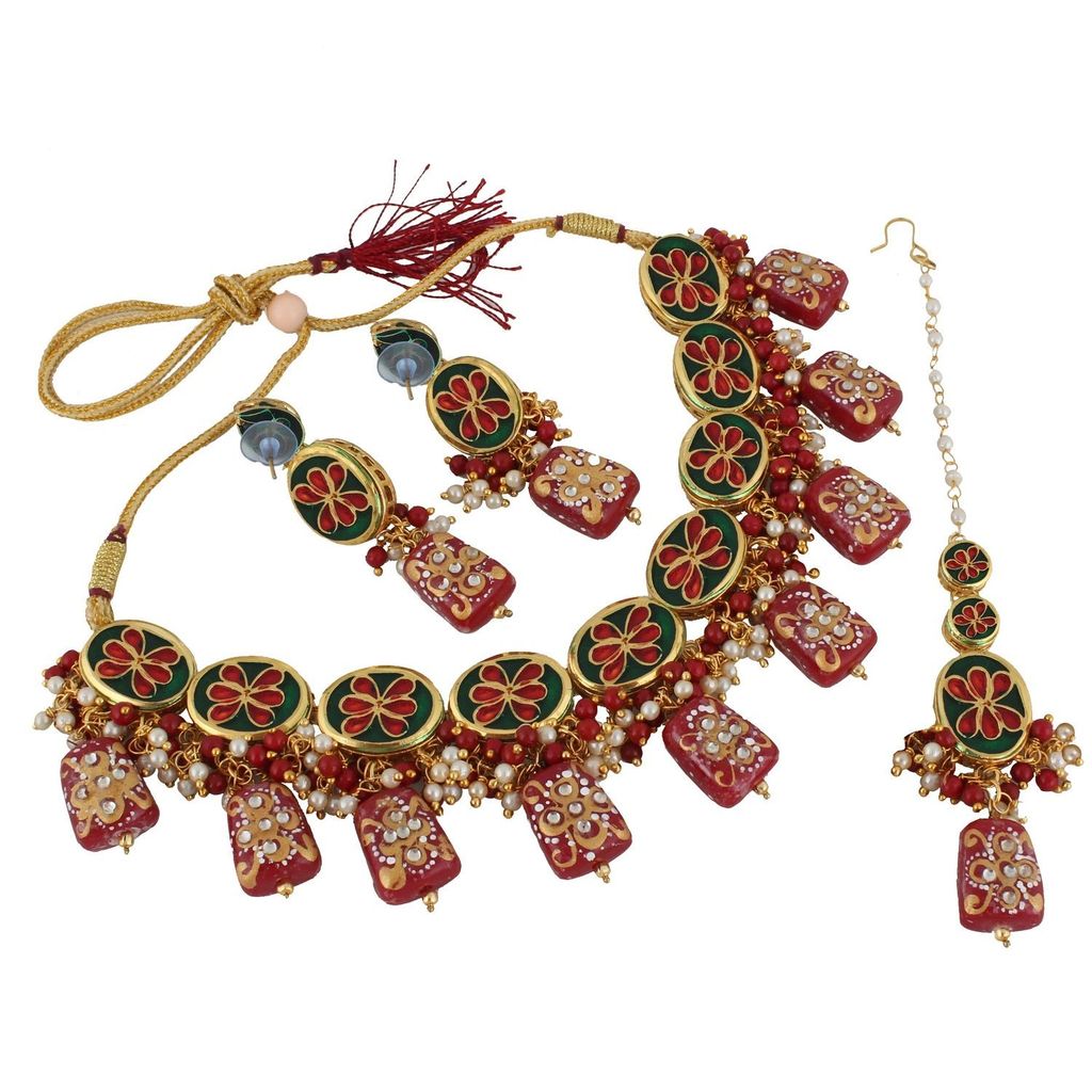 LUCKY JEWELLERY Back Meenakari 18k Gold Plated Maroon Color Tika Earring Combo Uncut Big Faux Kundan Choker Necklace set
