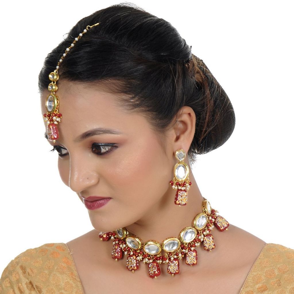 LUCKY JEWELLERY Back Meenakari 18k Gold Plated Maroon Color Tika Earring Combo Uncut Big Faux Kundan Choker Necklace set