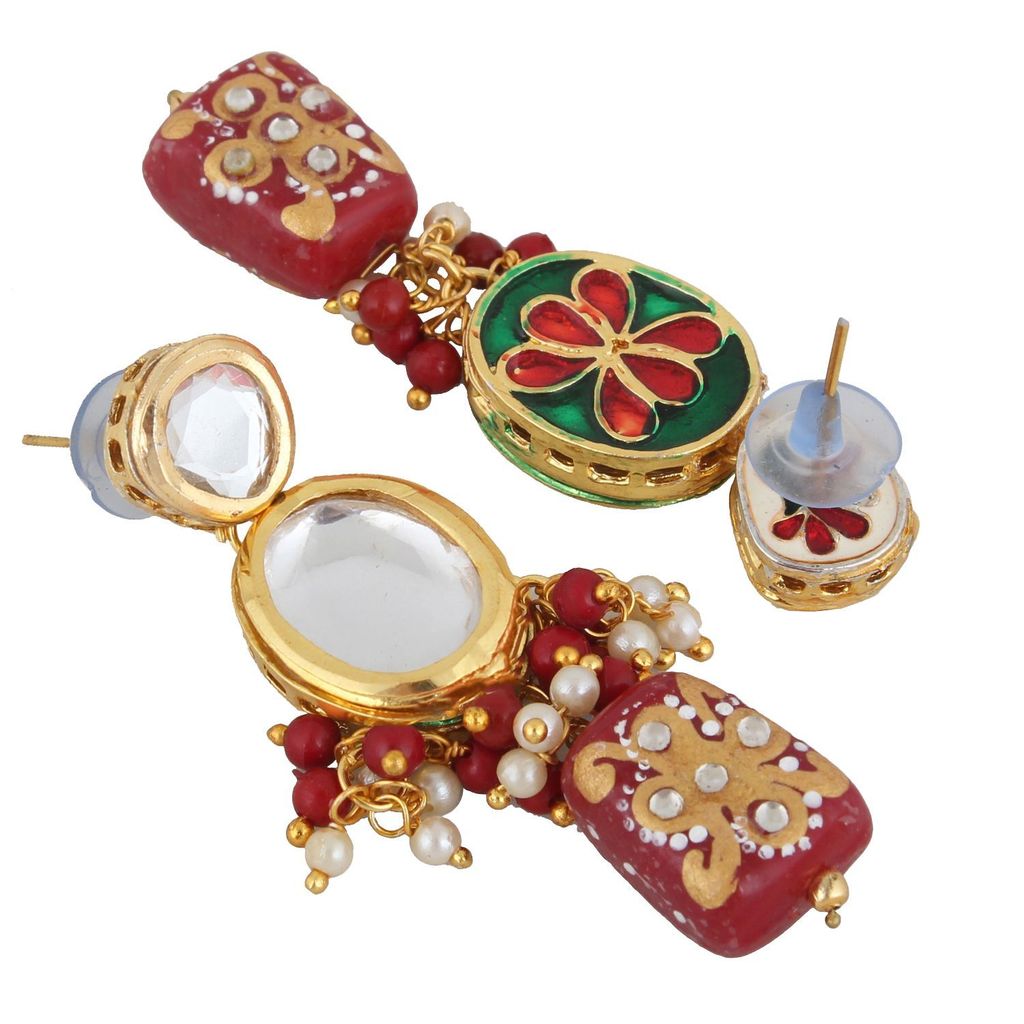 LUCKY JEWELLERY Back Meenakari 18k Gold Plated Maroon Color Tika Earring Combo Uncut Big Faux Kundan Choker Necklace set