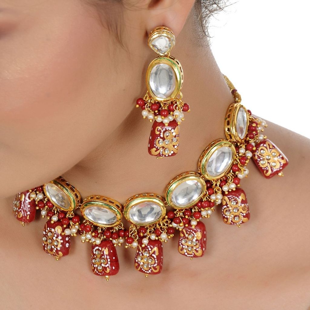 LUCKY JEWELLERY Back Meenakari 18k Gold Plated Maroon Color Tika Earring Combo Uncut Big Faux Kundan Choker Necklace set
