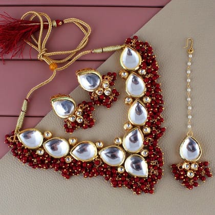 LUCKY JEWELLERY Back Meenakari 18k Gold Plated Maroon Color Tika Earring Combo Uncut Big Faux Kundan Choker Necklace set (1122-J5SK-1698-M)