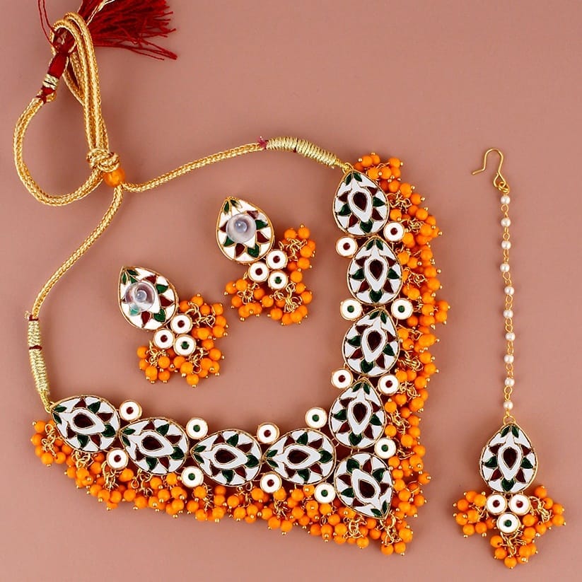 LUCKY JEWELLERY Back Meenakari 18k Gold Plated Dark Yellow Color Tika Earring Combo Uncut Big Faux Kundan Choker Necklace set (1122-J5SK-1698-DY)