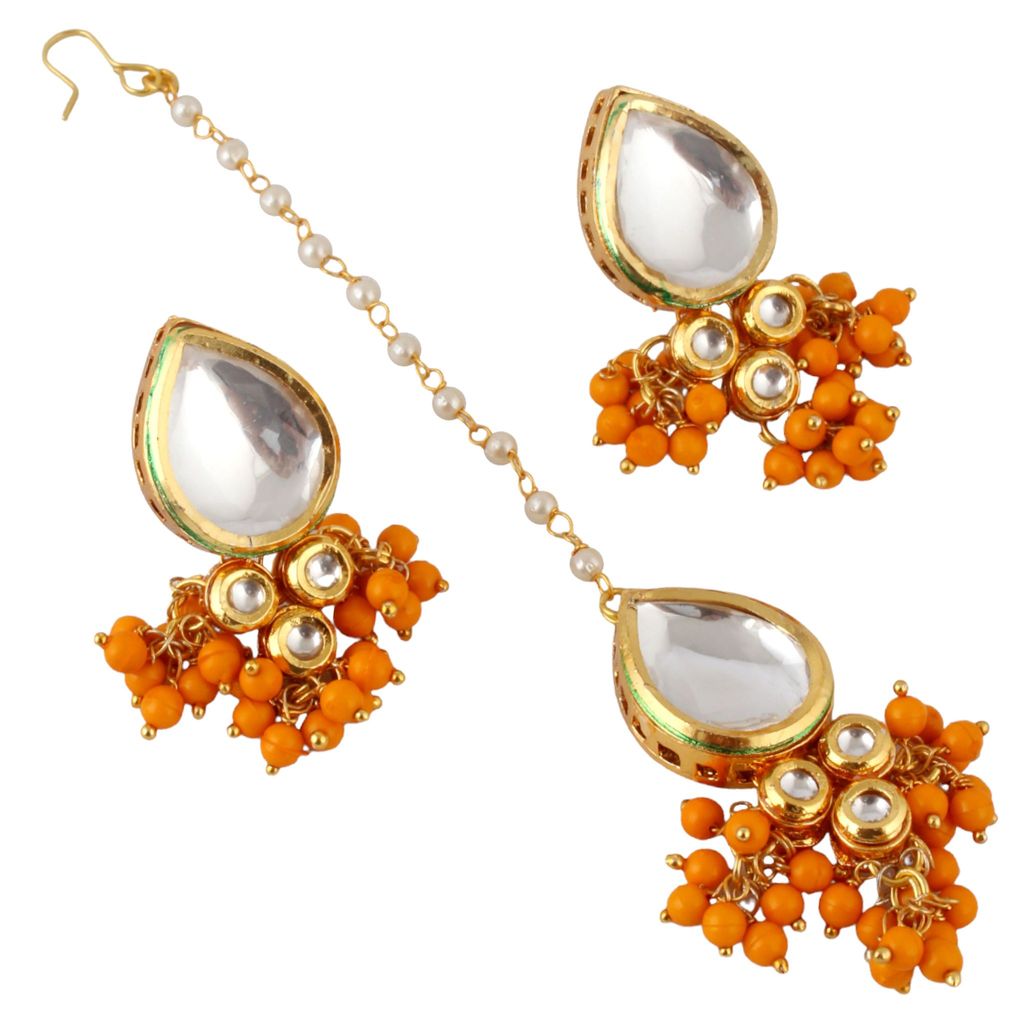 LUCKY JEWELLERY Back Meenakari 18k Gold Plated Dark Yellow Color Tika Earring Combo Uncut Big Faux Kundan Choker Necklace set (1122-J5SK-1698-DY)