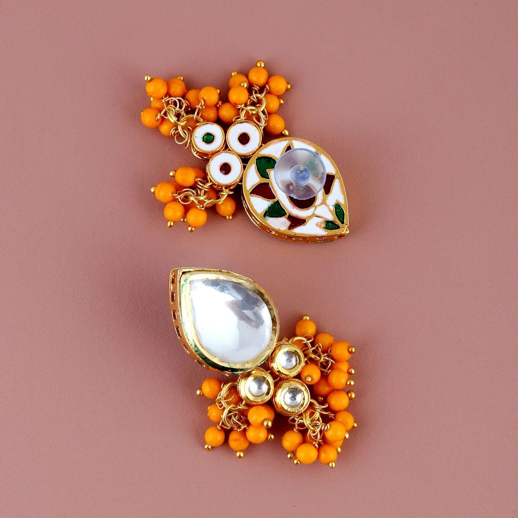 LUCKY JEWELLERY Back Meenakari 18k Gold Plated Dark Yellow Color Tika Earring Combo Uncut Big Faux Kundan Choker Necklace set (1122-J5SK-1698-DY)