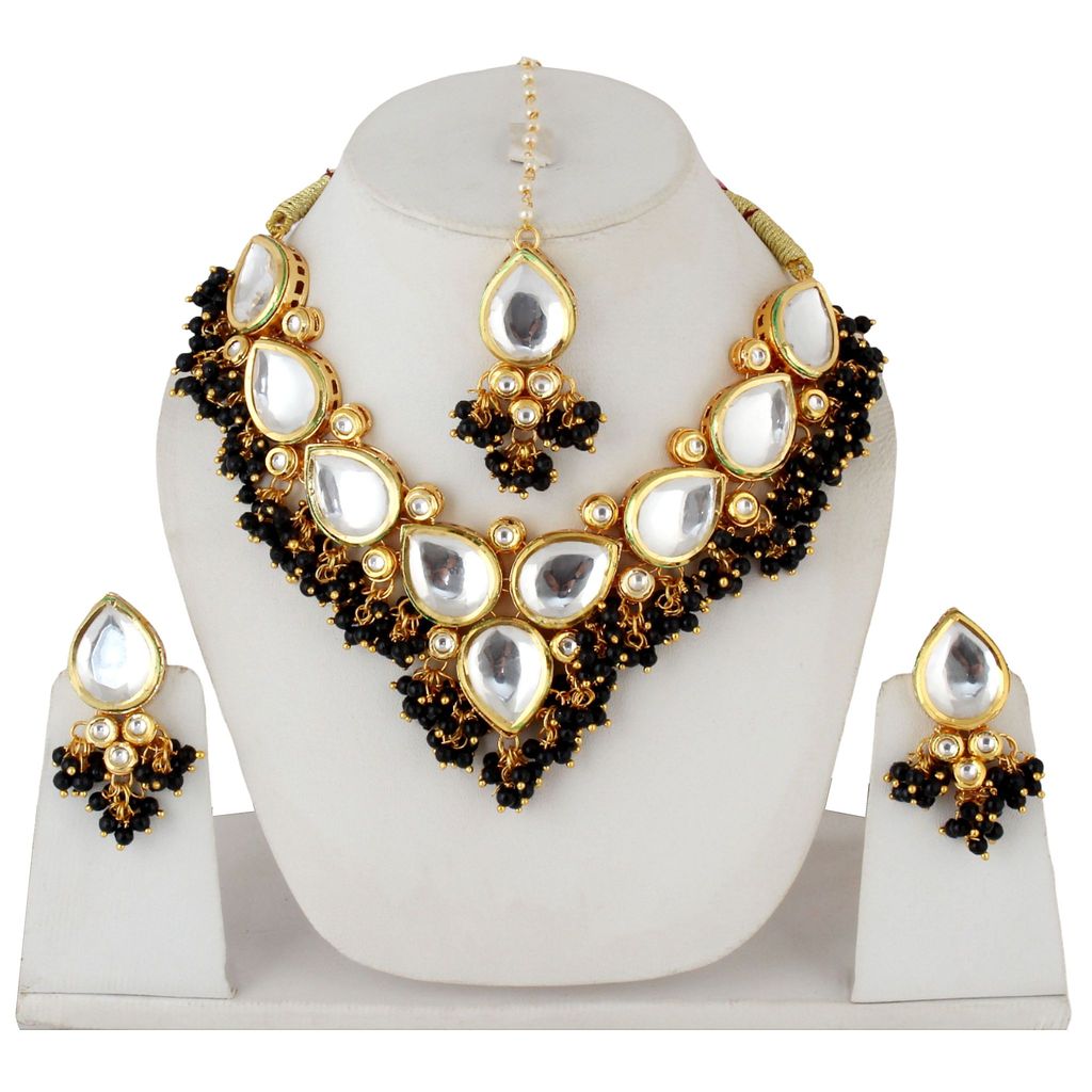 LUCKY JEWELLERY Back Meenakari 18k Gold Plated Black Color Tika Earring Combo Uncut Big Faux Kundan Choker Necklace set (1122-J5SK-1698-BL)