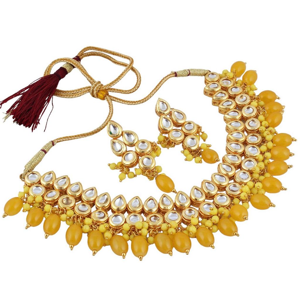 LUCKY JEWELLERY Back Meenakari 18k Gold Plated Yellow Color Earring Combo Uncut Big Faux Kundan Choker Necklace set (974-J5SK-1782-Y)