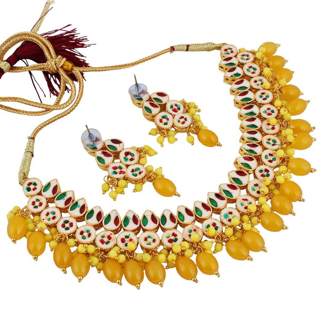 LUCKY JEWELLERY Back Meenakari 18k Gold Plated Yellow Color Earring Combo Uncut Big Faux Kundan Choker Necklace set (974-J5SK-1782-Y)