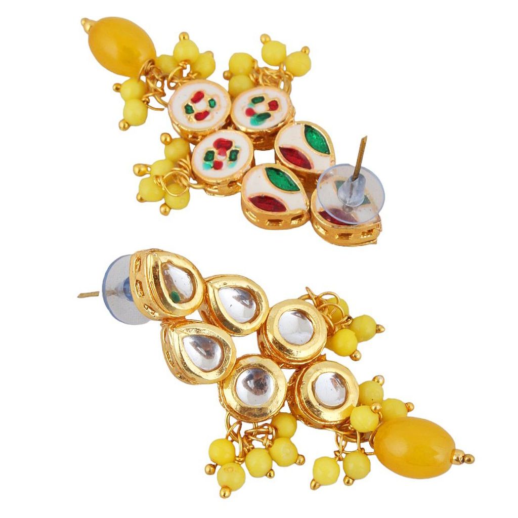 LUCKY JEWELLERY Back Meenakari 18k Gold Plated Yellow Color Earring Combo Uncut Big Faux Kundan Choker Necklace set (974-J5SK-1782-Y)