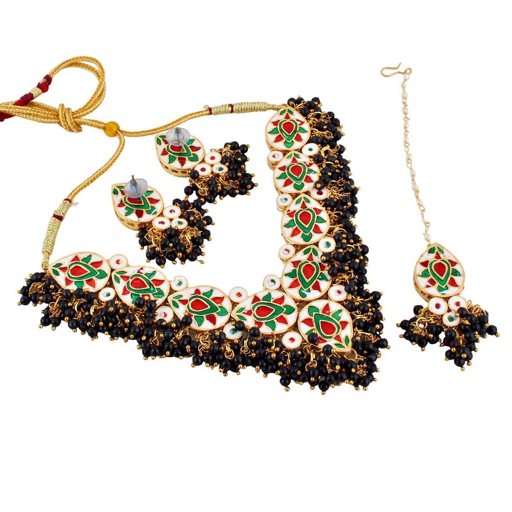 LUCKY JEWELLERY Back Meenakari 18k Gold Plated Black Color Tika Earring Combo Uncut Big Faux Kundan Choker Necklace set (1122-J5SK-1698-BL)