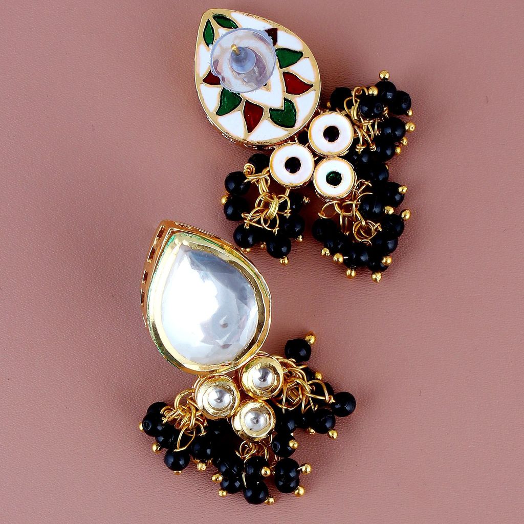 LUCKY JEWELLERY Back Meenakari 18k Gold Plated Black Color Tika Earring Combo Uncut Big Faux Kundan Choker Necklace set (1122-J5SK-1698-BL)