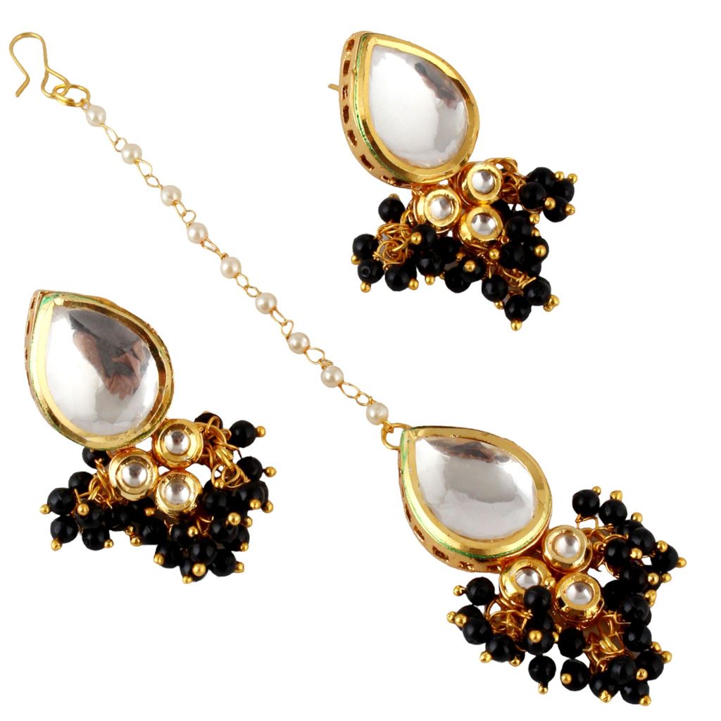 LUCKY JEWELLERY Back Meenakari 18k Gold Plated Black Color Tika Earring Combo Uncut Big Faux Kundan Choker Necklace set (1122-J5SK-1698-BL)