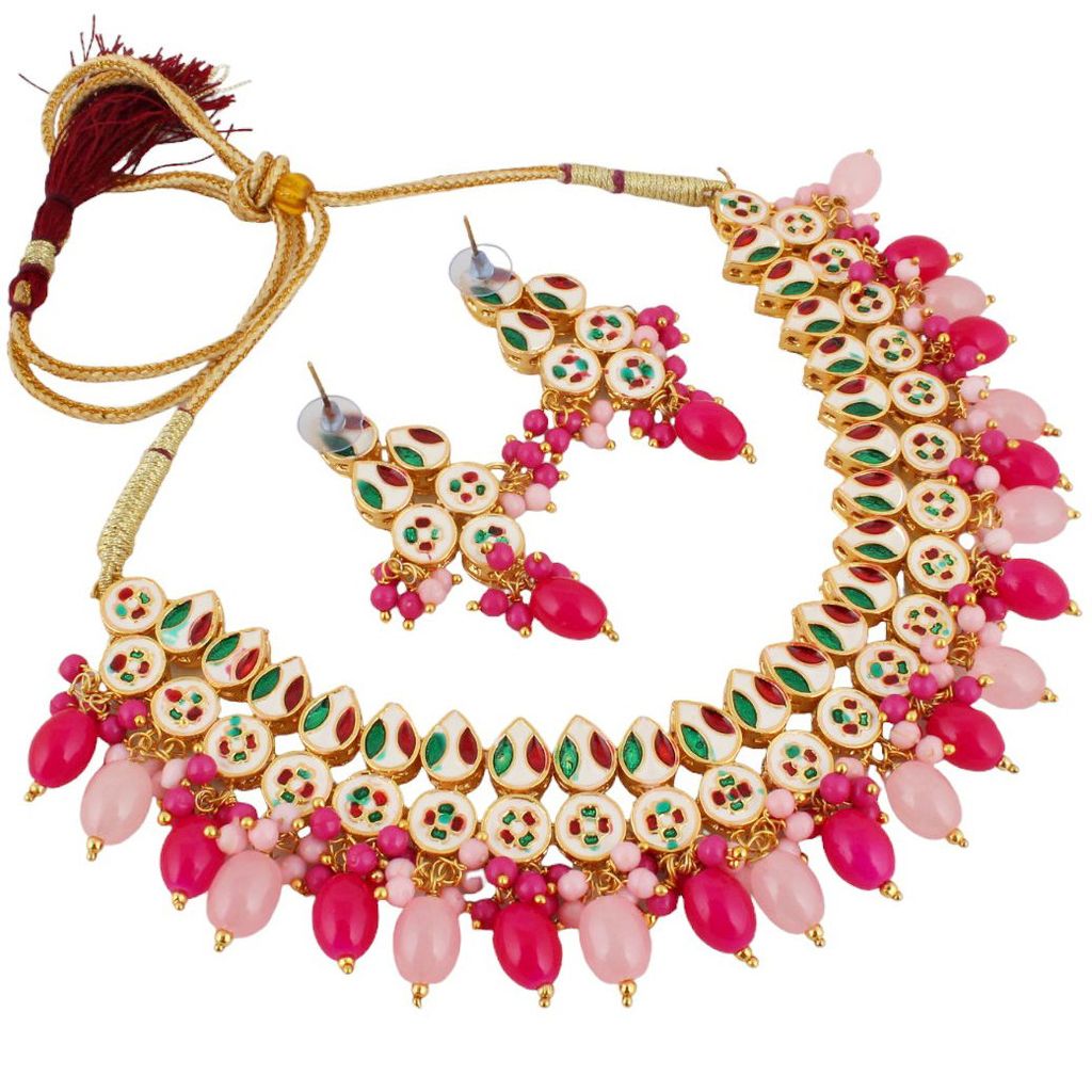 LUCKY JEWELLERY Back Meenakari 18k Gold Plated Multi Color Earring Combo Uncut Big Faux Kundan Choker Necklace set (974-J5SK-1782-PKR)