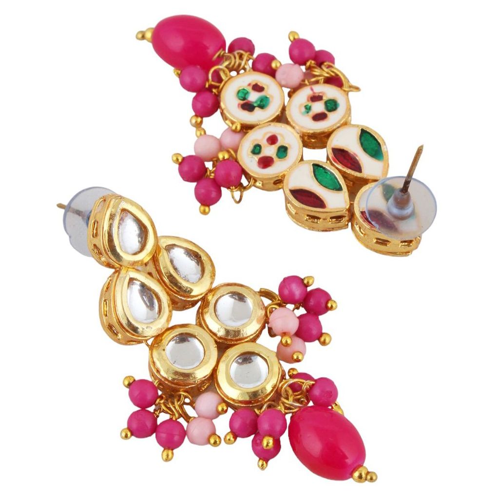 LUCKY JEWELLERY Back Meenakari 18k Gold Plated Multi Color Earring Combo Uncut Big Faux Kundan Choker Necklace set (974-J5SK-1782-PKR)