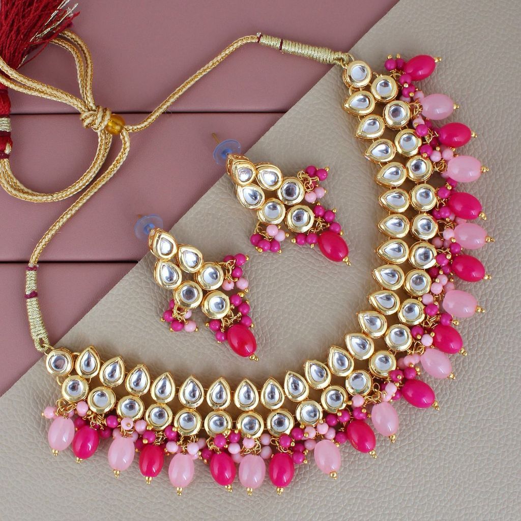 LUCKY JEWELLERY Back Meenakari 18k Gold Plated Multi Color Earring Combo Uncut Big Faux Kundan Choker Necklace set (974-J5SK-1782-PKR)