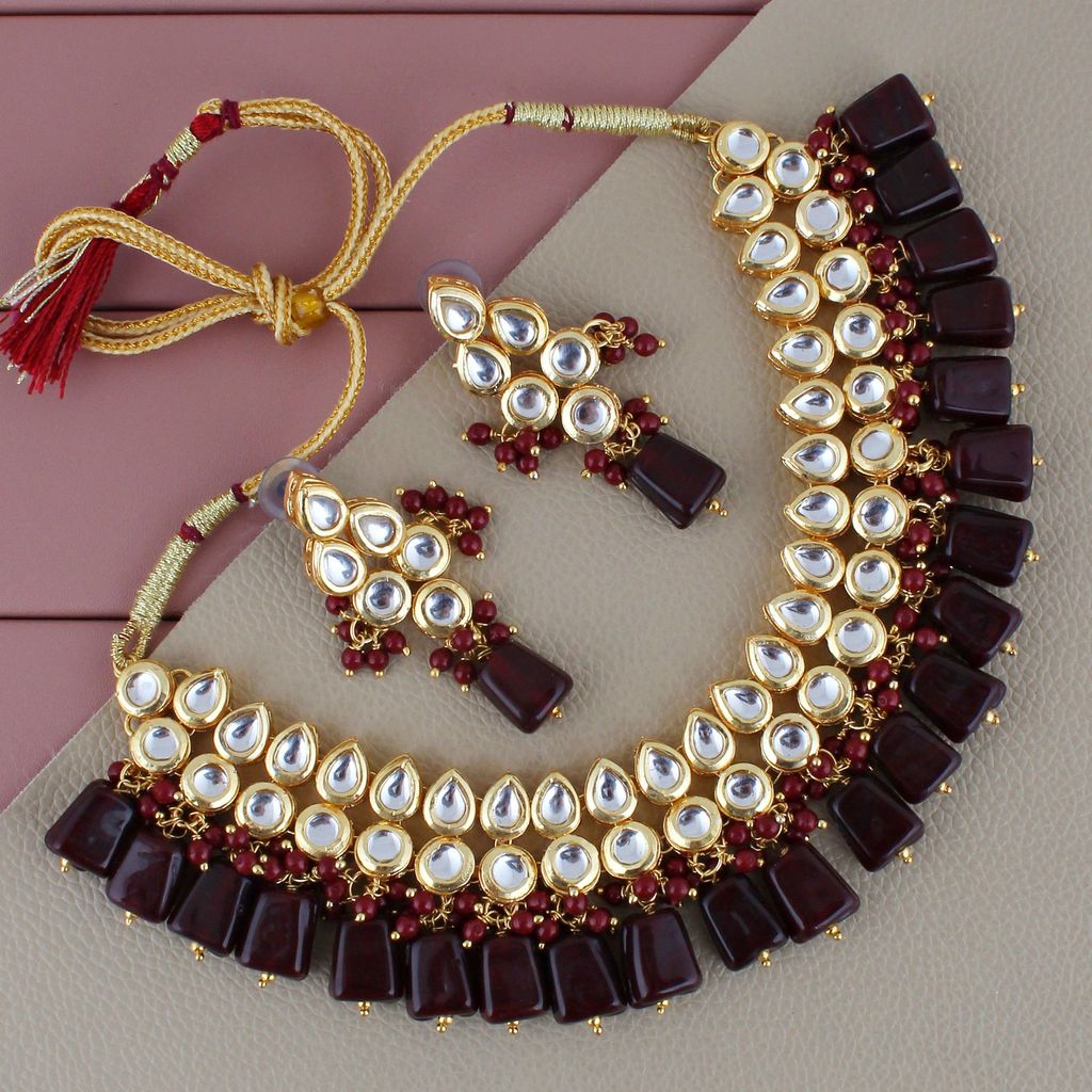 LUCKY JEWELLERY Back Meenakari 18k Gold Plated Maroon Color Earring Combo Uncut Big Faux Kundan Choker Necklace set (974-J5SK-1782-M) - Jewellery Sets | Buy online on ZillyBuy