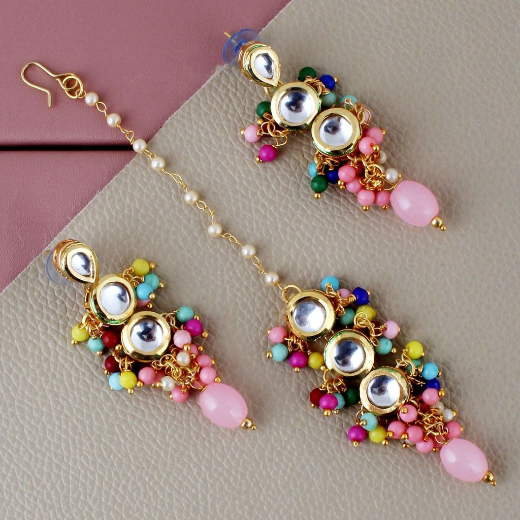 LUCKY JEWELLERY Back Meenakari 18k Gold Plated Multi Color Tika Earring Combo Uncut Big Faux Kundan Choker Necklace set (926-J5SK-1810-MT)