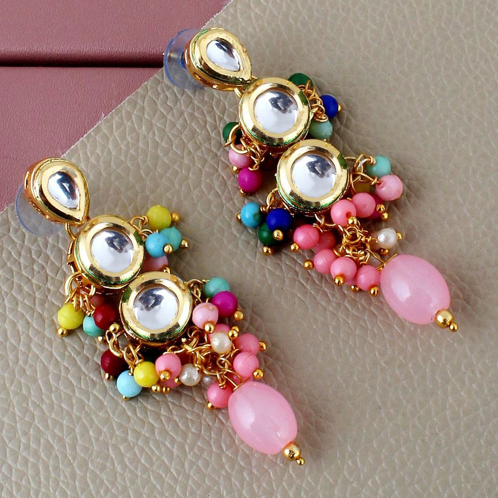 LUCKY JEWELLERY Back Meenakari 18k Gold Plated Multi Color Tika Earring Combo Uncut Big Faux Kundan Choker Necklace set (926-J5SK-1810-MT)