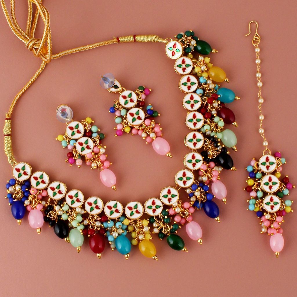 LUCKY JEWELLERY Back Meenakari 18k Gold Plated Multi Color Tika Earring Combo Uncut Big Faux Kundan Choker Necklace set (926-J5SK-1810-MT)