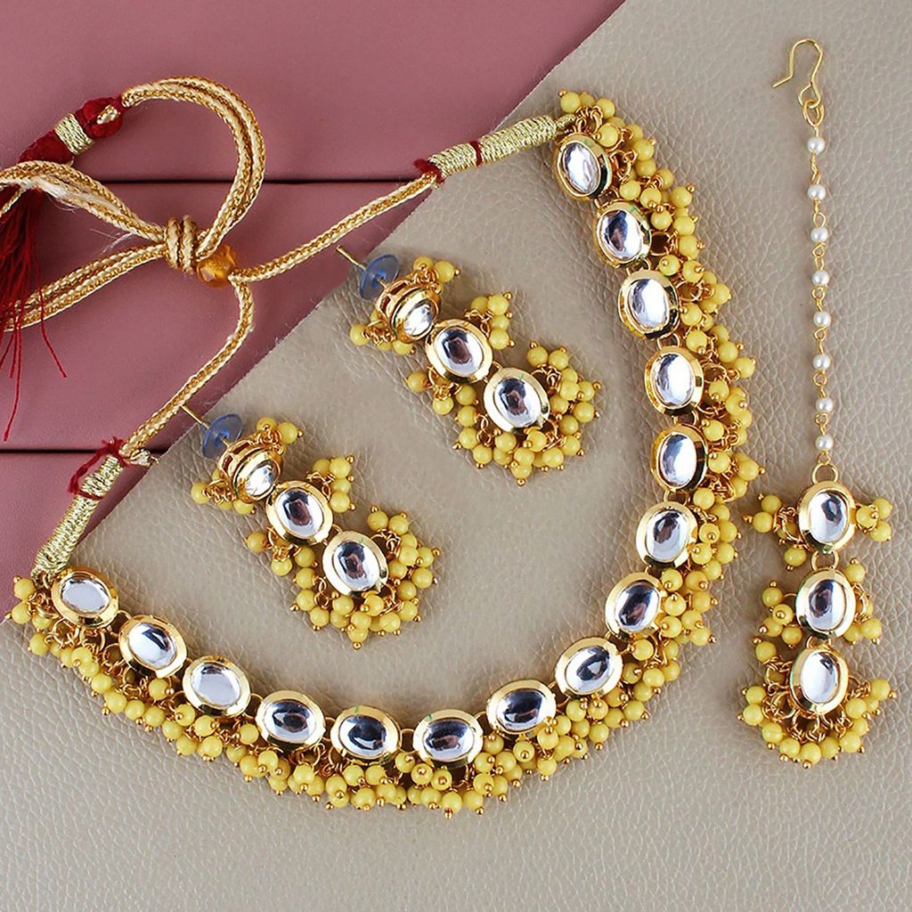 LUCKY JEWELLERY Back Meenakari 18k Gold Plated Yellow Color Tika Earring Combo Uncut Big Faux Kundan Choker Necklace set (796-J5SK-1811-Y)