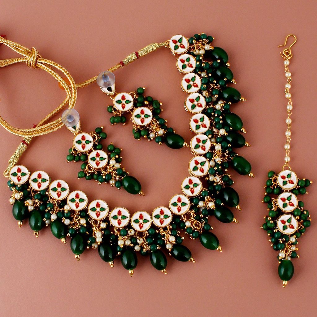 LUCKY JEWELLERY Back Meenakari 18k Gold Plated Green Color Tika Earring Combo Uncut Big Faux Kundan Choker Necklace set (926-J5SK-1810-G)