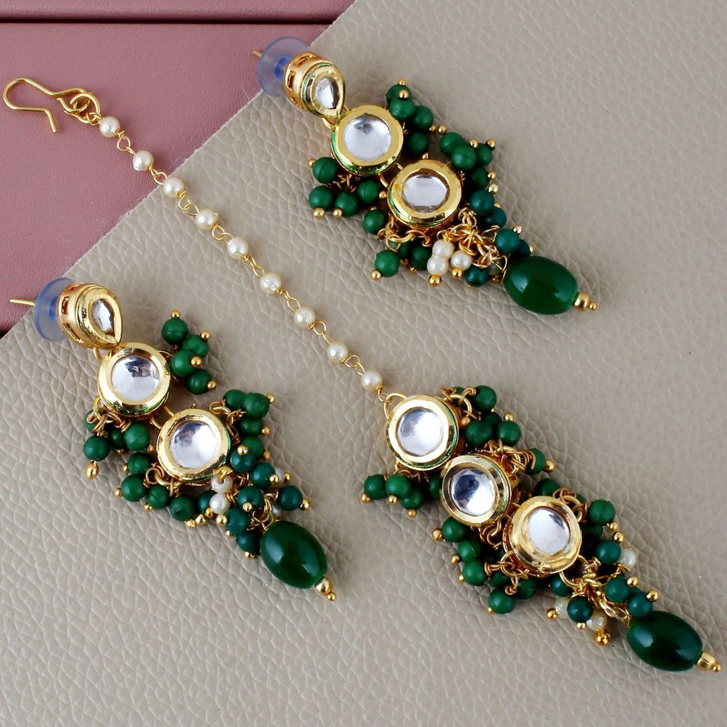LUCKY JEWELLERY Back Meenakari 18k Gold Plated Green Color Tika Earring Combo Uncut Big Faux Kundan Choker Necklace set (926-J5SK-1810-G)