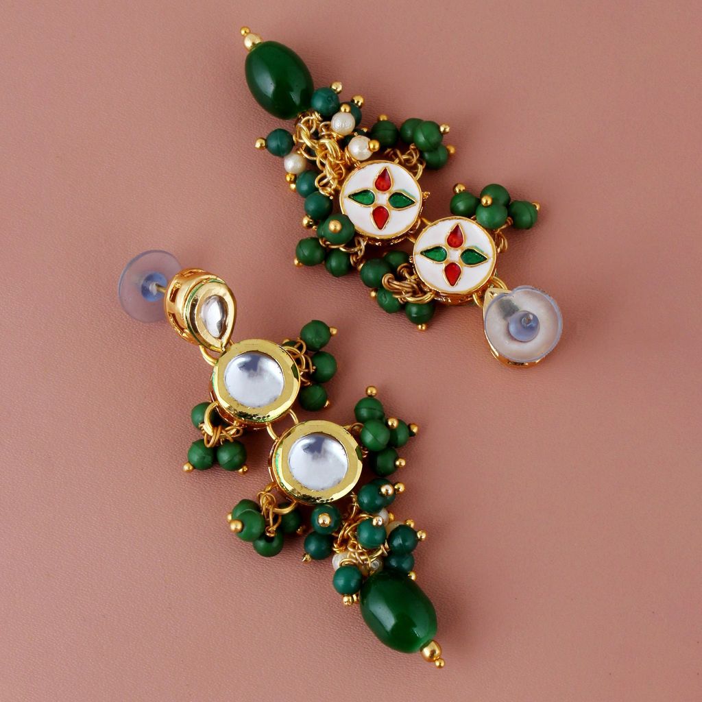 LUCKY JEWELLERY Back Meenakari 18k Gold Plated Green Color Tika Earring Combo Uncut Big Faux Kundan Choker Necklace set (926-J5SK-1810-G)