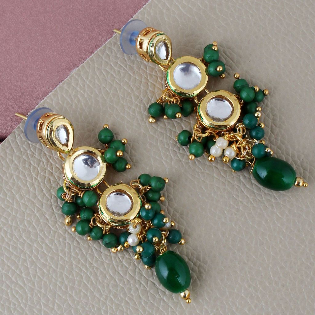 LUCKY JEWELLERY Back Meenakari 18k Gold Plated Green Color Tika Earring Combo Uncut Big Faux Kundan Choker Necklace set (926-J5SK-1810-G)
