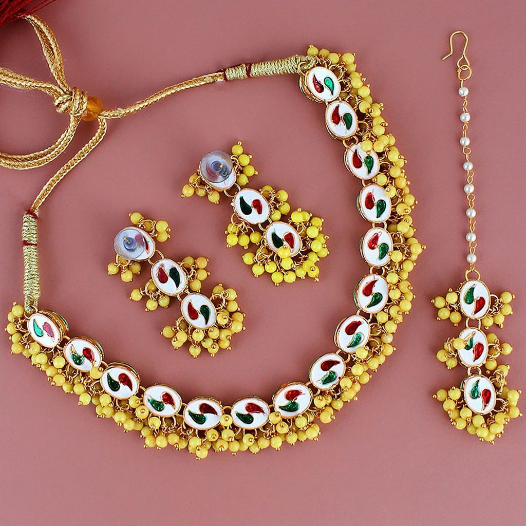 LUCKY JEWELLERY Back Meenakari 18k Gold Plated Yellow Color Tika Earring Combo Uncut Big Faux Kundan Choker Necklace set (796-J5SK-1811-Y)