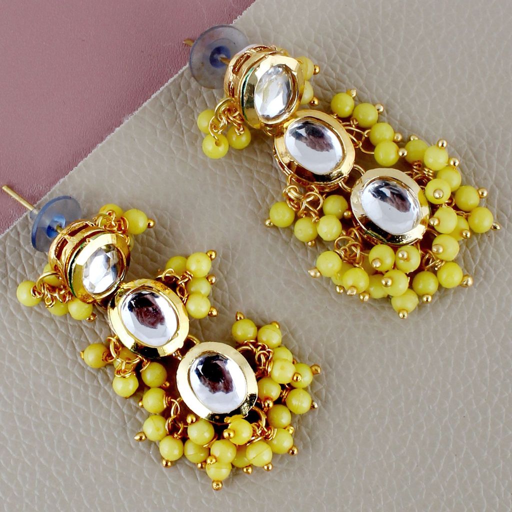 LUCKY JEWELLERY Back Meenakari 18k Gold Plated Yellow Color Tika Earring Combo Uncut Big Faux Kundan Choker Necklace set (796-J5SK-1811-Y)