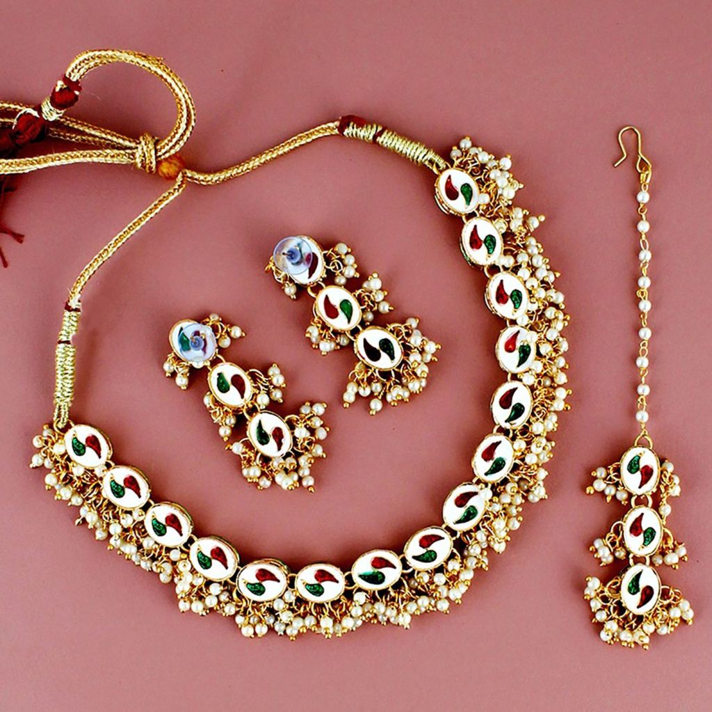 LUCKY JEWELLERY Back Meenakari 18k Gold Plated White Color Tika Earring Combo Uncut Big Faux Kundan Choker Necklace set (796-J5SK-1811-W)
